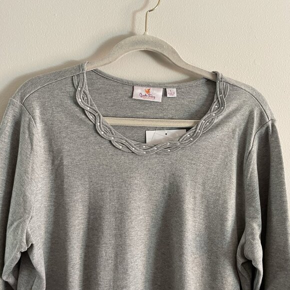 Quacker Factory Women L Gray Rhinestone Braided Sparkle 3/4 Sleeves T-Shirt NWT - Picture 4 of 10
